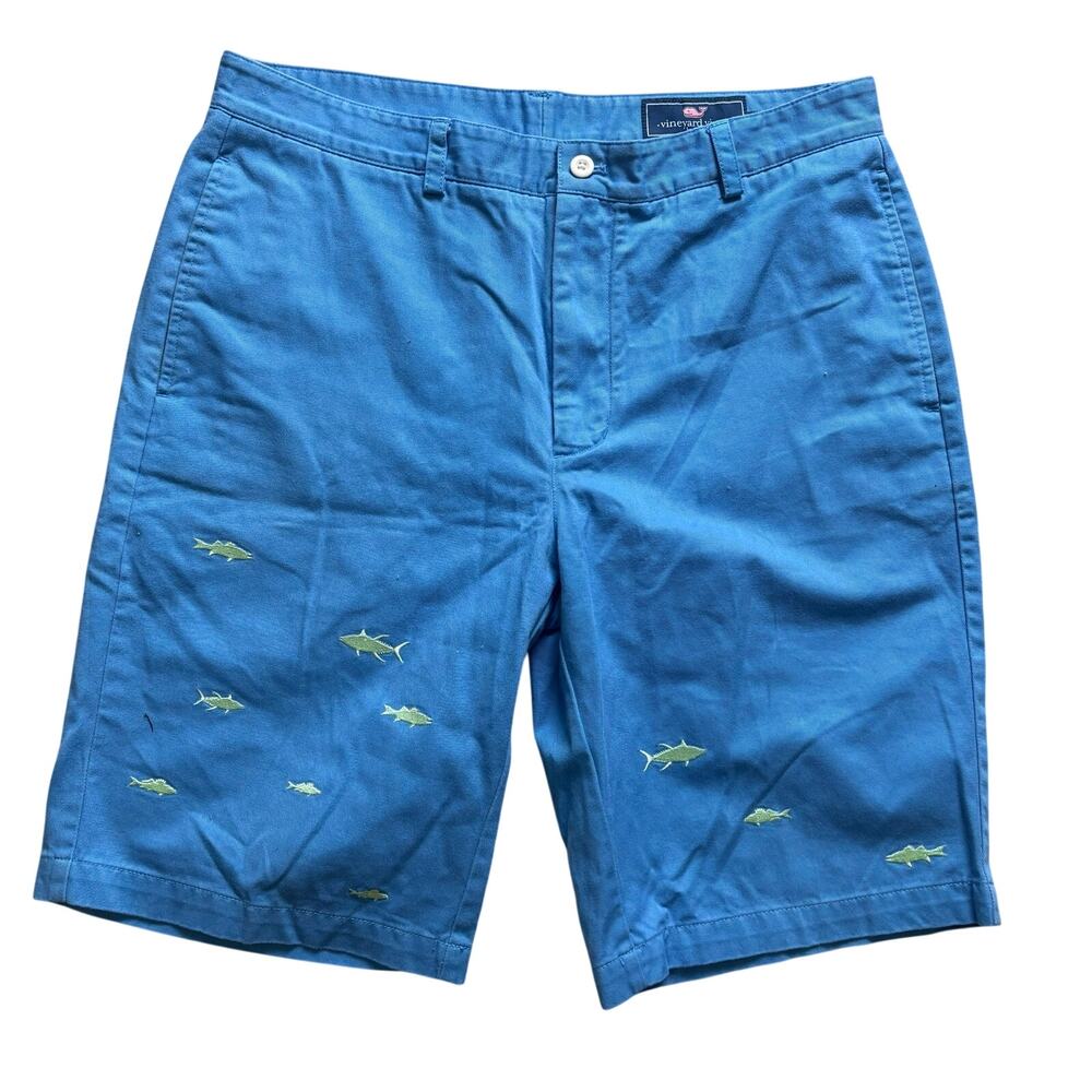 Vineyard Vines Men’s Club Shorts Whale Flat Khaki Chino Blue Fish 34 Inseam 11”